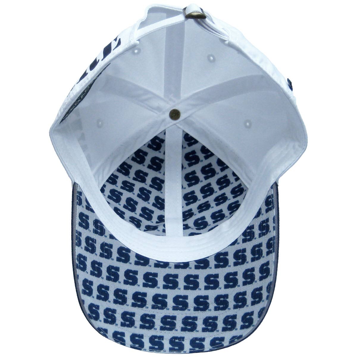 hat with repeating block S under brim and front panels